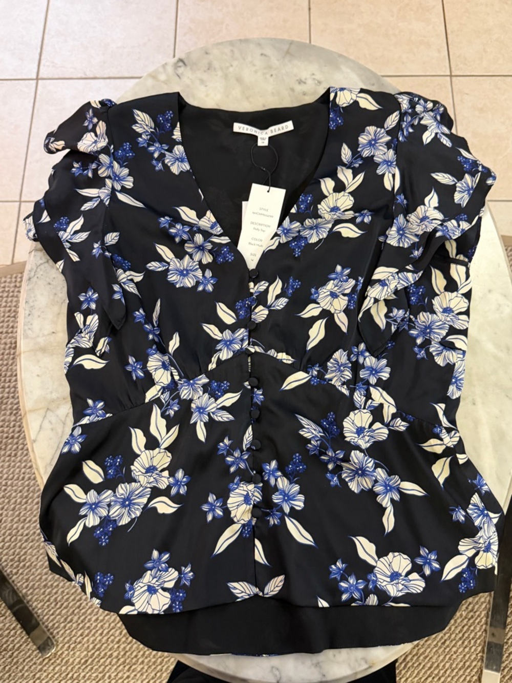Veronica Beard Black Floral V-Neck Ruffle Sleeve Top - Blue & Cream Print (NWT)
